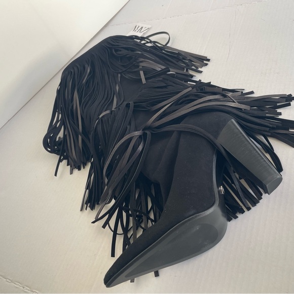 Zara Black Fringe Heeled Knee High Suede Boots Western Maximalism CoastalCowgirl - Picture 4 of 16